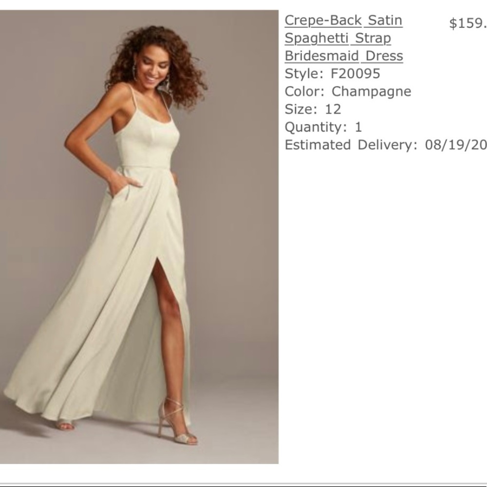 David’s bridal Crepe-Back Satin Spaghetti Strap Bridesmaid Dress. Champagne